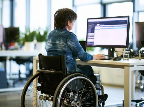 A young person in a wheelchair works on a computer in a bright, modern office setting, demonstrating inclusivity and productivity in the workplace.
