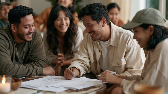 Screenwriter peers over a friend's shoulder at a modest living room script draft, diverse casual group relaxing around them, handwritten notes visible on screenplay pages spread