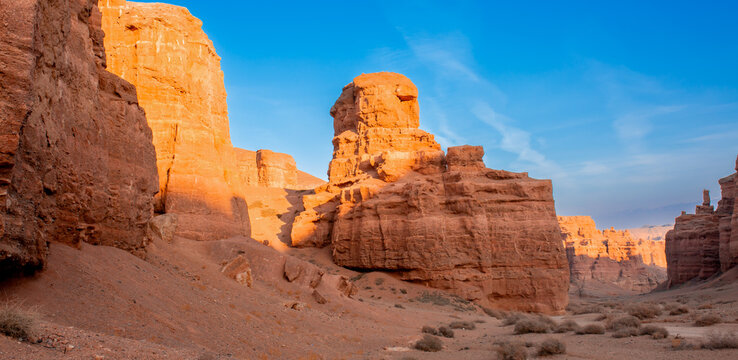 Charyn Canyon, Valley of Castles. The excellence of Kazakhstan. Panorama of natural unusual landscape. The red canyon of extraordinary beauty looks like a Martian landscape.
