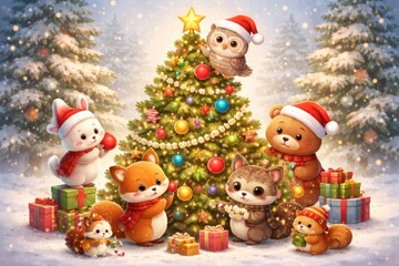 Naklejka premium Festive animals celebrate Christmas joyfully.