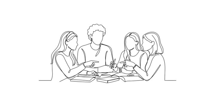 Group of young students studying together with books at a table in a continuous line drawing style