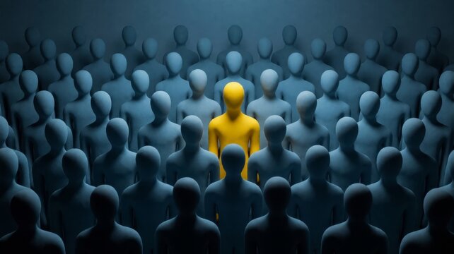 Distinctive Yellow Figure Standing Out Among a Crowd of Identical Figures