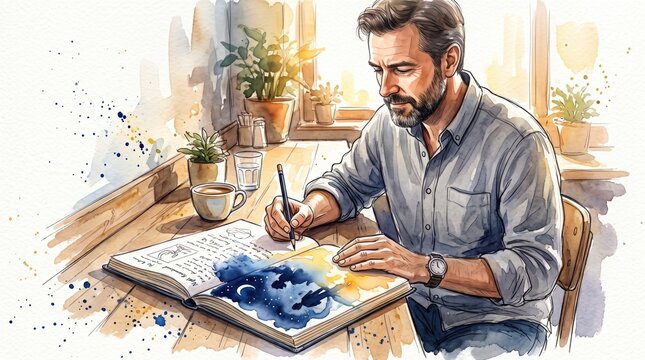 Watercolor illustration of a man journaling about sleep and mental health at a wooden table with coffee.