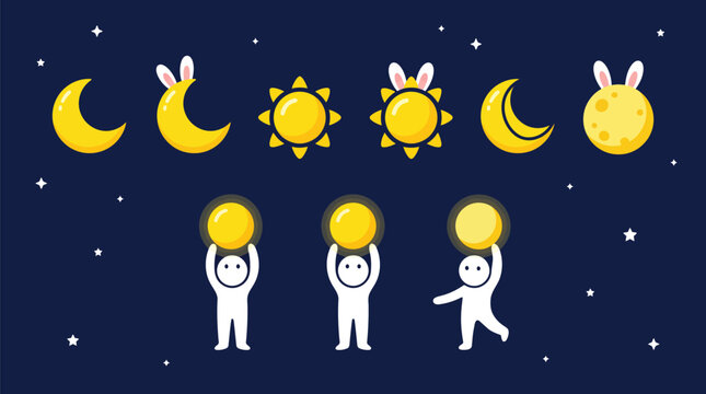 A collection of cute cartoon astronauts holding glowing moons and suns for celebrating the traditional chinese mid autumn festival on dark background
