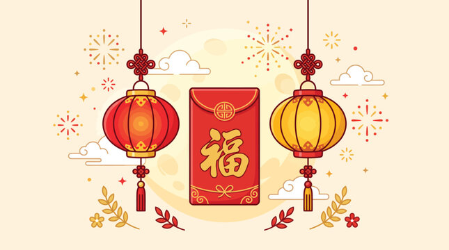 Traditional red and yellow lanterns with a decorative envelope featuring chinese calligraphy symbols for the beautiful and festive annual mid autumn festival celebration