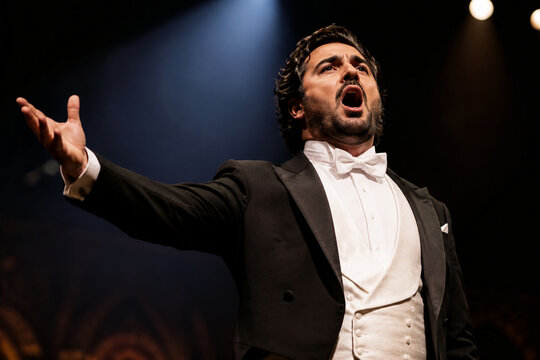 Opera singer on stage with dramatic lighting.