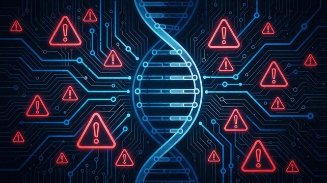 DNA Genetic Code Circuit Board with Cybersecurity Warning Symbols