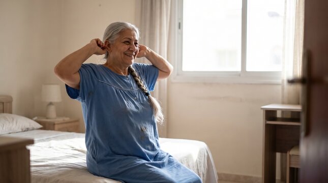 A happy senior woman with grey hair sits on the edge of her bed and stretches during a bright morning routine at home.