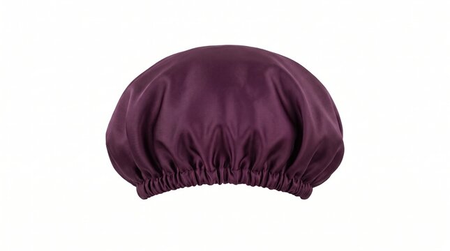A luxurious purple satin sleep bonnet isolated on a white background. This essential self-care accessory protects hair during sleep, promoting healthy bedtime rituals and mental wellness.