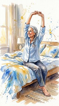 A happy senior woman stretches her arms while sitting on a bed in the morning light. This watercolor illustration depicts wellness, self-care, and the importance of a restful night.