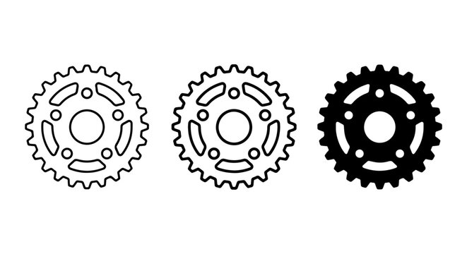 Set of Three Sprocket Icons, Mechanical Gear Vector Graphics, Industrial Cogwheel Elements