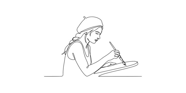 Continuous single line drawing of a young female artist wearing a beret painting on a canvas with a brush