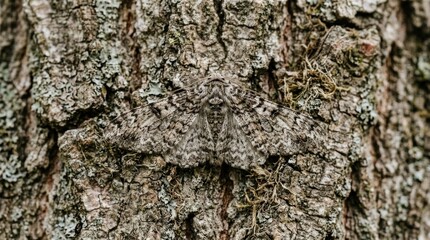 Fototapeta premium Camouflaged moth resting on a textured tree bark with moss.