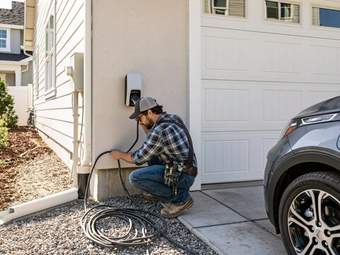 Man installing an electric car charger at a residential home.