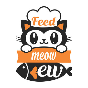 Cute black cat illustration wearing a chef hat holding a Feed Meow banner with a fish T-shirt Design