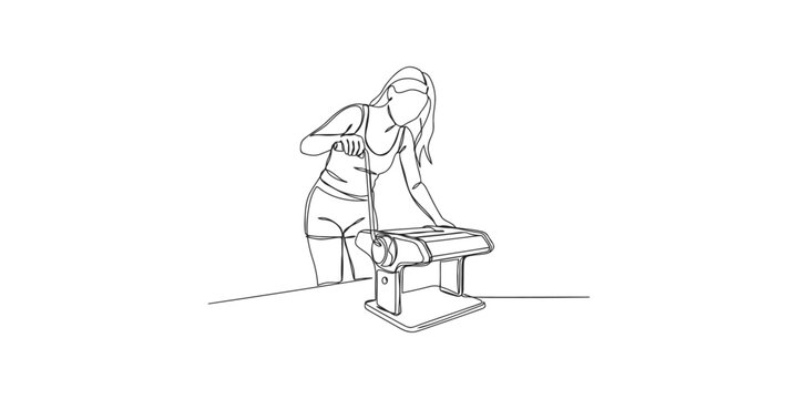 Continuous line drawing of a woman using a manual pasta machine to make fresh noodles in the kitchen