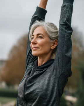 Elderly woman stretching outdoors in athletic wear demonstrating flexibility and active lifestyle promoting health and wellness among seniors. Generative AI