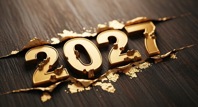 Three dimensional gold numbers representing the year 2027 isolated on a dark wooden background for a festive celebration