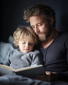 A loving father and son share a cozy moment reading a book together by the window on a soft bed in a dimly lit room creating a heartwarming atmosphere. Generative AI