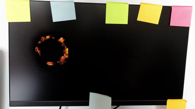Creating a fire ring on a blank computer screen with sticky notes