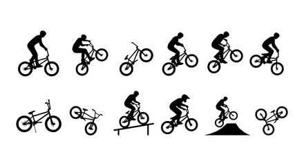 Fototapeta premium BMX Bike Trick Silhouettes, Extreme Cycling Action Poses, Dynamic Sports Performance Icons
