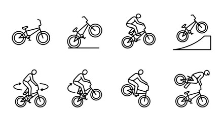 Fototapeta premium BMX Bike Tricks, Freestyle Cycling Actions, Extreme Sports Rider Poses, Vector Icons Set
