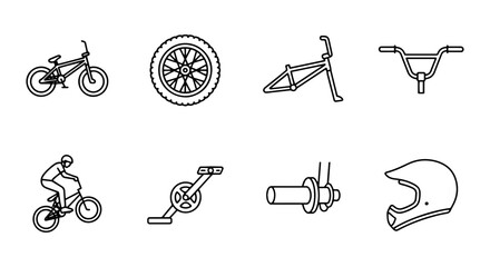 Fototapeta premium BMX Bike Components and Rider Vector Icons Set, Bicycle Parts and Sports Gear Graphics