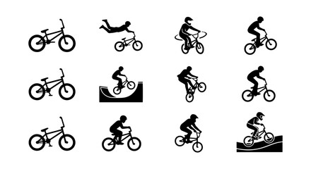 Fototapeta premium BMX Bike Silhouettes, Extreme Sports Action, Bicycle Tricks Vector Icons Set
