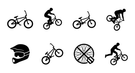 Fototapeta premium BMX Bike Action Icons Set, Bicycle Sports Silhouettes, Extreme Cycling Graphics, Vector Elements