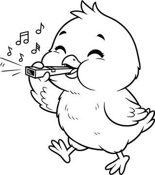 Cute baby chick playing harmonica coloring page &ndash; adorable cartoon bird making music, fun musical animal illustration for kids and printable coloring books
