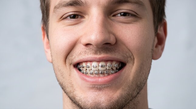 A young man with metal braces smiles genuinely, highlighting successful orthodontic care. He embodies modern dental health and a confident lifestyle.