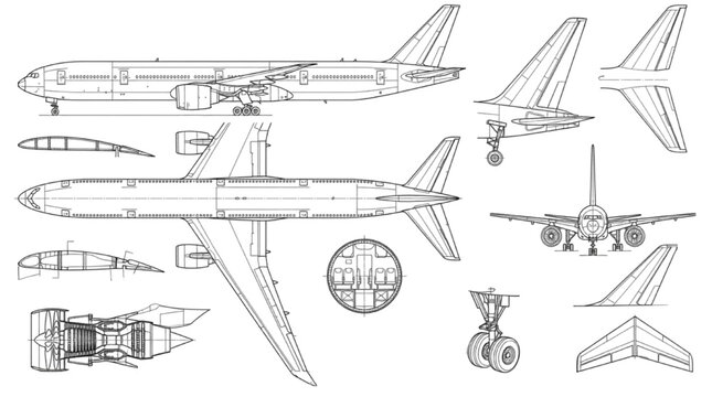 Large Airplane 2D AutoCAD Technical Vector Drawing, Detailed Aircraft Blueprint Illustration