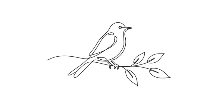 Continuous single line drawing of a small bird perched on a tree branch with leaves