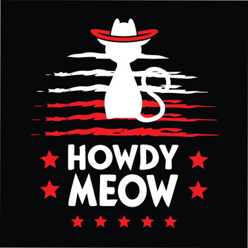 Simple White Cat Silhouette wearing a Cowboy Hat with Howdy Meow Text and Red Stars T-shirt Design