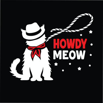 Sitting cat in cowboy hat and bandana with a lasso next to Howdy Meow text design T-shirt Design
