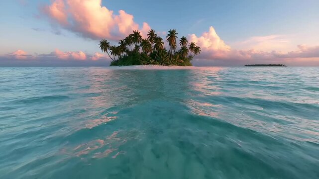 Summer hot vibe lifestyle. A vivid portrayal of a tropical island at sunset. The sky is painted with hues of pink, orange, and blue, with fluffy clouds scattered across the horizon.