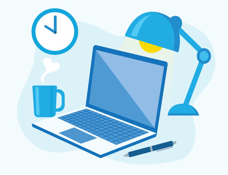 Laptop computer on desk with lamp coffee mug wall clock pen work late night productivity