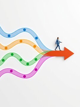 Businesswoman walking on a red arrow formed by merging colorful paths, representing success and strategic direction.