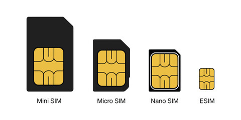 SIM Cards Icon Set Featuring Different Subscriber Identity Module Symbols for Mobile Communication and Telecommunications Vector Illustration ©  