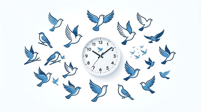 A white wall clock surrounded by a pattern of blue flying bird concept of time and nature, minimalist
