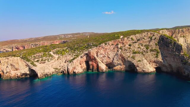 Stunning panoramic view of the rocky zakynthos island coastline with its famous blue caves