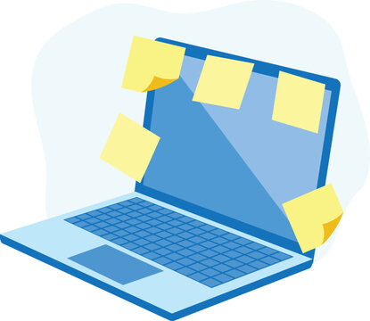 Laptop computer covered with yellow sticky notes memo reminder post it office task management concept
