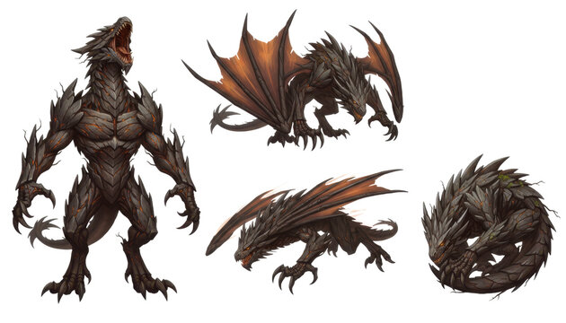 Set of Fantasy Stone Dragon Creatures in Various Poses