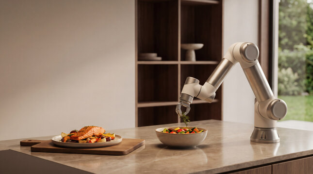 Modern robotic arm chef garnishing healthy gourmet meal with salmon fillet and fresh vegetables in contemporary luxury smart home kitchen