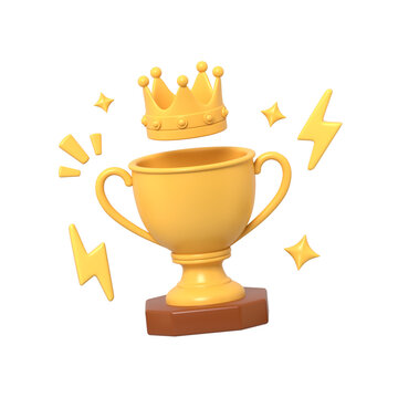 A vibrant 3D gold trophy cup with a crown floating above surrounded by glowing stars and lightning bolt icons on a representing ultimate victory.3d render