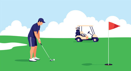 Obraz premium Athletic male golfer preparing to take a swing on a green golf course with golf cart and red flag in the background.