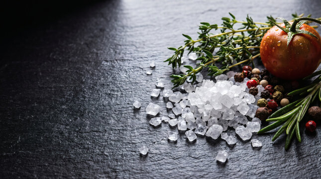 Fresh coarse sea salt crystals with aromatic herbs rosemary thyme colorful peppercorns and ripe red tomato on dark slate stone background with copy space for food cooking concept