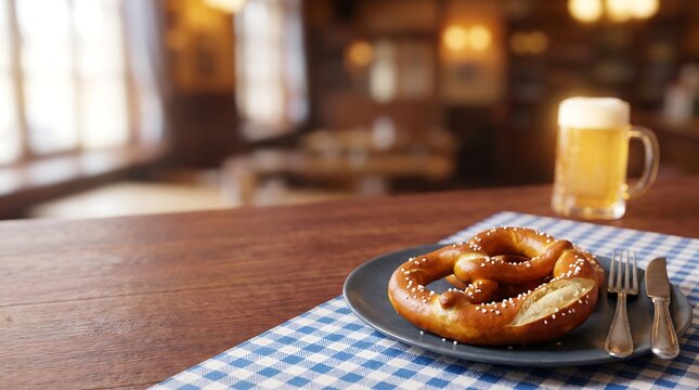 Bavarian Pretzel and Beer on Pub Table with Oktoberfest Background