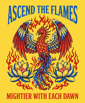 Ascend the flames. Phoenix bird vintage print design for tshirt. Mightier with each dawn. Mythical creature artwork.