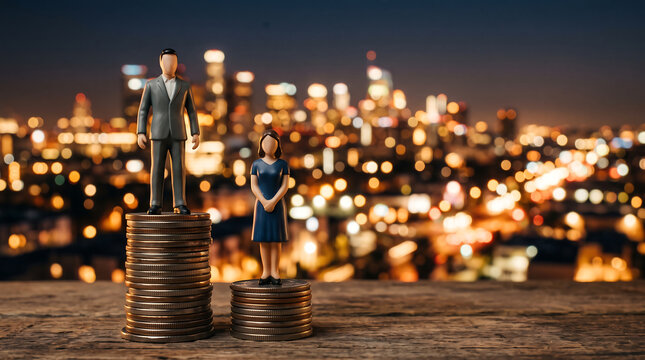 Gender pay gap represented by a man and woman figurines standing on stacks of coins with a city skyline in the background